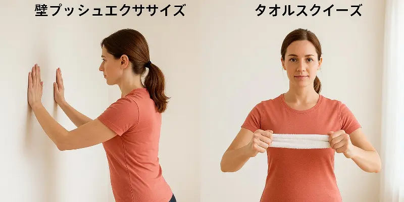 バストアップ体操をする40代の女性