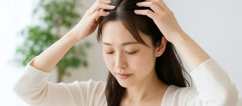 頭皮マッサージで抜け毛ケアをする女性