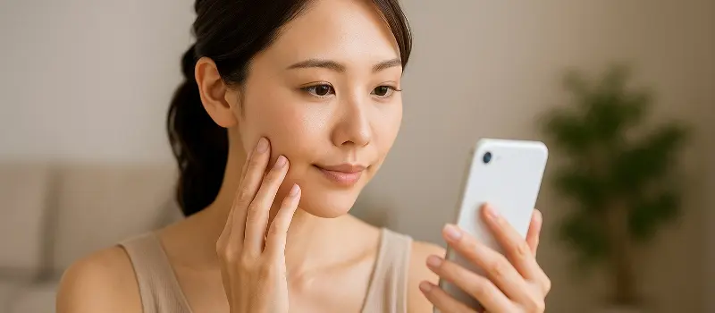 無料の肌診断アプリを使用する女性
