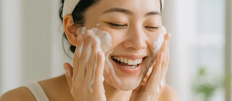 洗顔をする30代の女性