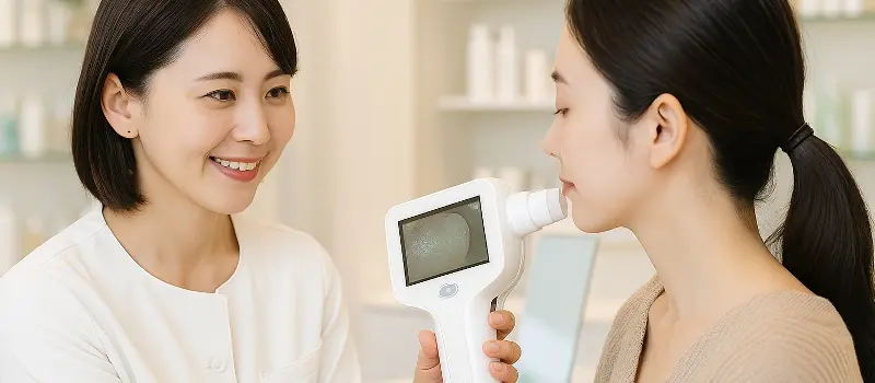 店頭で無料の肌診断をしている女性