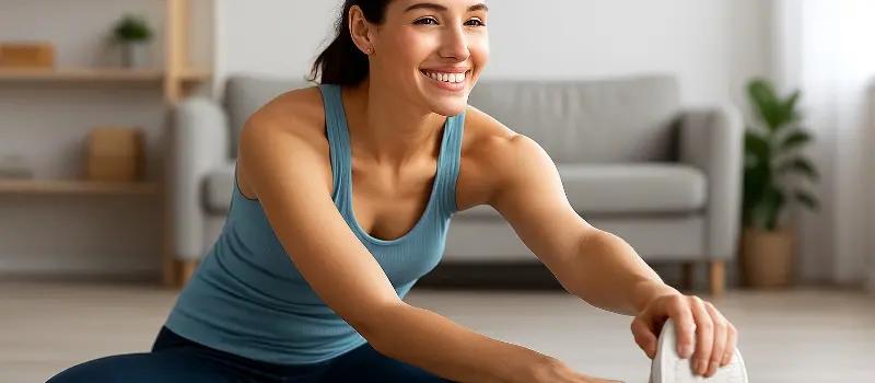 自宅でダイエット運動メニューをした後にストレッチをする女性