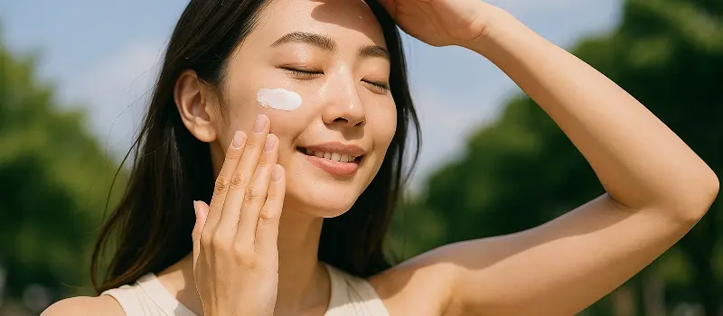 紫外線で赤みにならないようにUVケアする女性