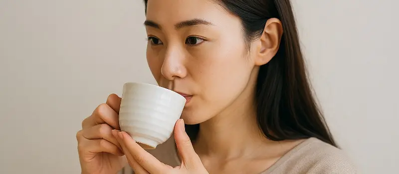 腸活のために白湯を飲んでいる女性