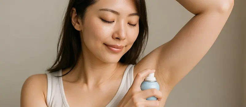 夏の汗を抑えるために制汗スプレーをする女性
