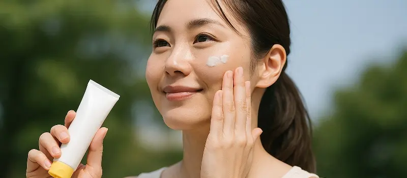 スキンケア4大要素の一つの紫外線対策をしている女性