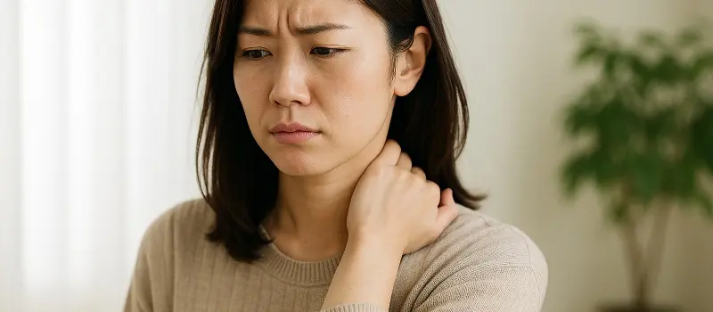 体の歪みによる肩こりを気にする女性