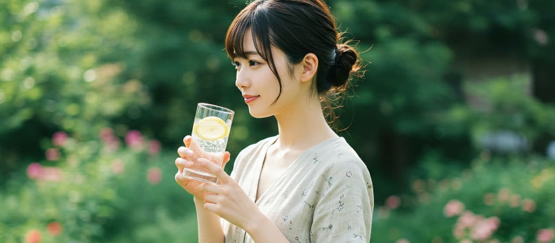 夏に水分補給をして肌の乾燥を防ぐ女性