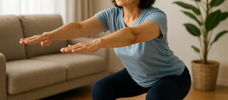 体型変化を気にして自宅でスクワットをする女性