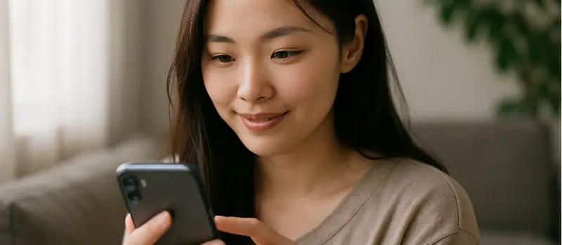 スマホで3行日記を書いている女性
