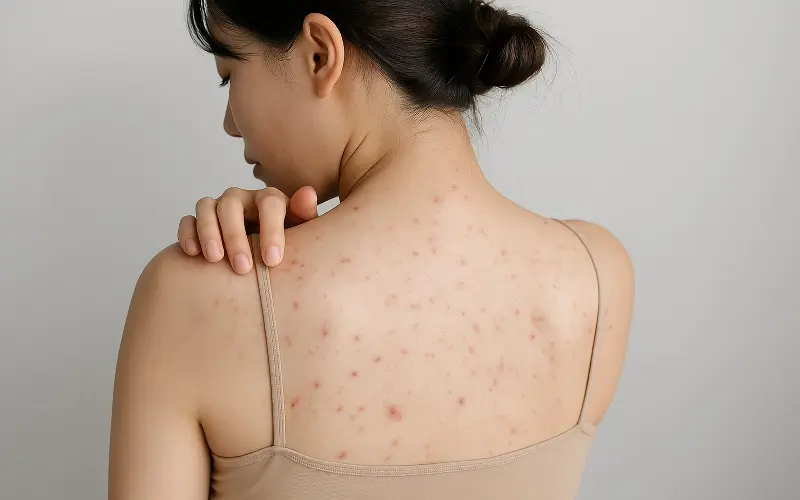 「背中のブツブツはニキビ？背中の皮膚トラブルの原因とおすすめの治し方」のアイキャッチ画像