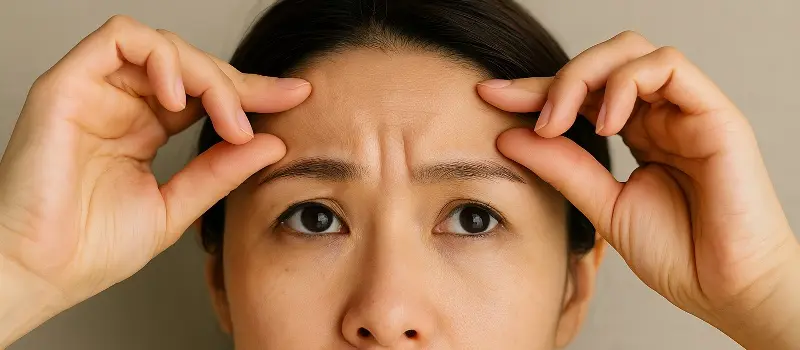 おでこの小じわの原因を確認する女性