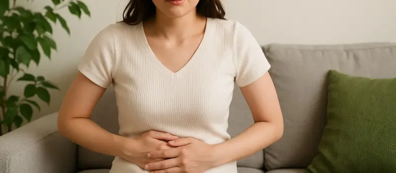 便秘でお腹をおさえる女性