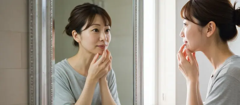 くすんだ肌の具合をチェックする女性