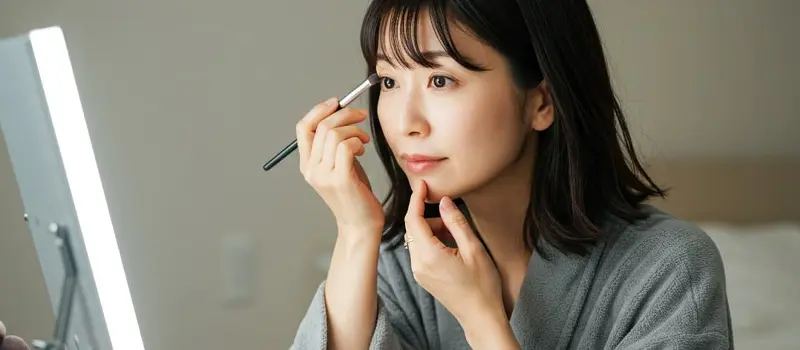 アイメイクでバランスを整えて唇が厚く見えないようにする女性
