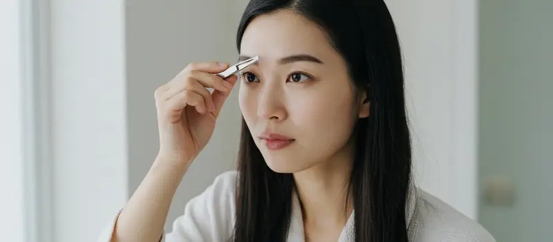 眉毛を抜いてカタチを整える女性