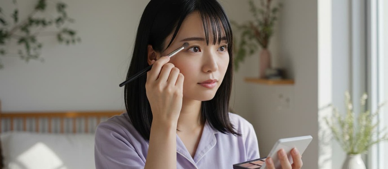 目元をメイクしている女性
