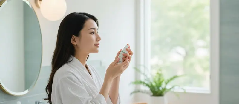 鼻汗対策にミストをスプレーをしている女性