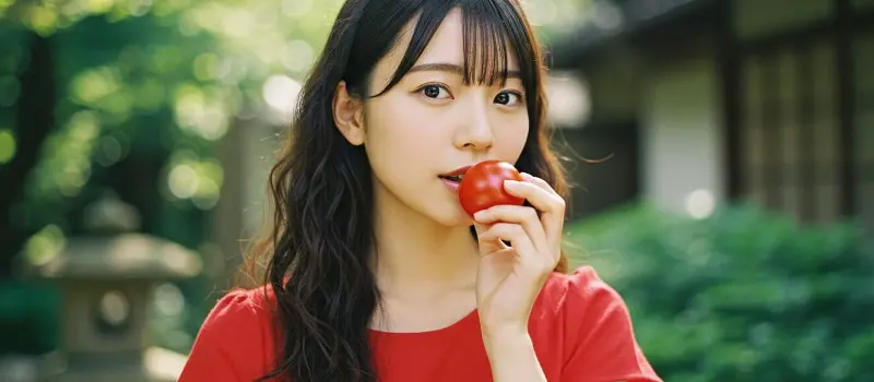 デトックス食材でトマトを食べる女性