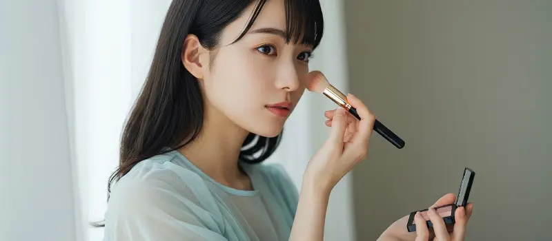 顏型に合わせてチークを入れる女性