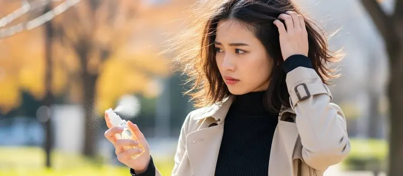 髪に静電気対策のスプレーで治す女性