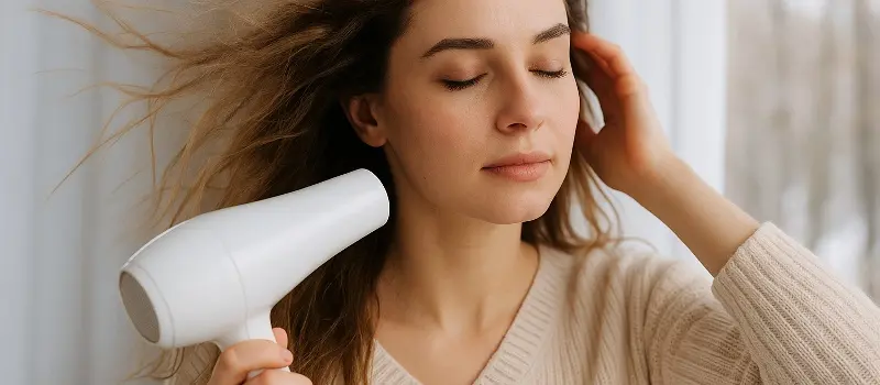 静電気を気にしながら髪をドライヤーで乾かす女性