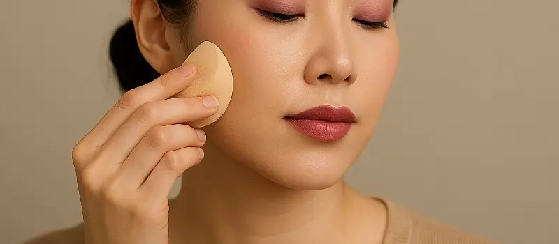 2025年の秋冬トレンドメイクに合わせたファンデをする女性