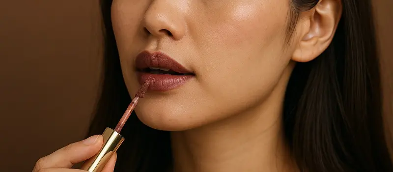 秋冬トレンドメイクに合わせてリップを塗る女性