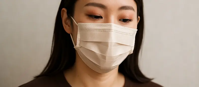 2025年の秋冬トレンドメイクをした後でマスクをする女性