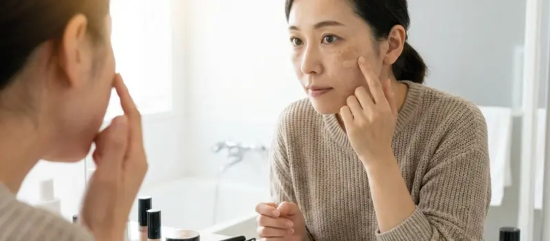 肝斑をメイクで目立たなくして消そうとする女性